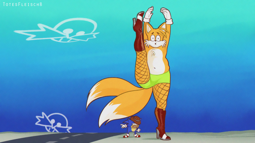 2boys animal_ears animal_nose arm_up arms_up artist_name black_eyes black_pantyhose blonde_hair blue_fur blue_sky body_fur boots brown_headwear buck_teeth constricted_pupils cowboy_hat day derivative_work dr._eggman fishnet_pantyhose fishnets fox_boy fox_ears fox_tail giant giant_male gloves gradient_sky green_shorts hand_up hat high_heels knee_boots leg_up looking_at_viewer male_focus multiple_boys multiple_tails navel open_mouth outdoors outstretched_arm pantyhose pointing raised_eyebrows red_footwear road screenshot_redraw shiny_clothes shoes short_hair short_shorts shorts skindentation sky socks sonic_(series) sonic_the_hedgehog split spongebob_squarepants_(series) spread_legs standing standing_on_one_leg standing_split stomach tail tails_(sonic) teeth the_spongebob_squarepants_movie thighs topless_male totesfleisch8 two-tone_fur two_tails watermark white_fur white_gloves white_socks yellow_fur