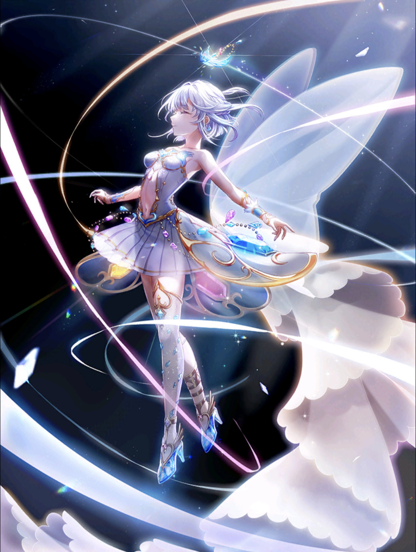 1girl afloat arched_back armpits baizu_(guszx) black_background breasts butterfly_wings closed_eyes closed_mouth dress earrings from_side full_body gem glass_slipper glowing grey_hair highres insect_wings jewelry light_particles medium_hair miniskirt navel outstretched_arm pleated_skirt shironeko_project short_hair skirt small_breasts solo thighhighs thighs tina_topia wavy_hair wings zettai_ryouiki