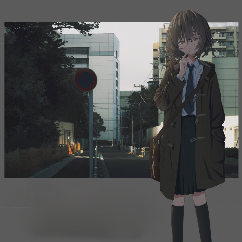 1girl 280km absurdres bag black_skirt black_socks blue_necktie brown_coat brown_eyes brown_hair building closed_mouth coat collared_shirt glasses hair_between_eyes hand_in_pocket highres kneehighs long_sleeves necktie open_clothes open_coat original photo_(object) pleated_skirt round_eyewear shirt shirt_tucked_in short_hair sign skirt socks solo standing tree white_shirt