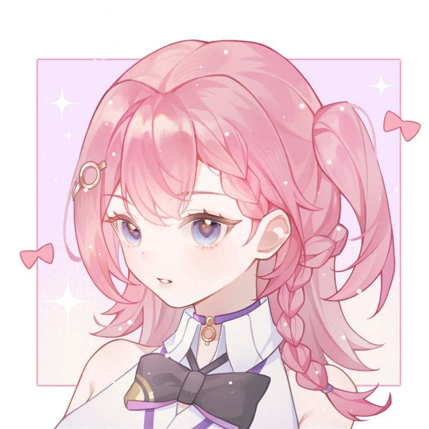 1girl asta_(honkai:_star_rail) bare_shoulders black_bow black_bowtie blue_eyes border bow bowtie braid chinese_commentary collared_shirt commentary_request highres honkai:_star_rail honkai_(series) long_hair looking_at_viewer parted_lips pink_background pink_hair portrait ruo_qi shirt side_ponytail solo white_border white_shirt