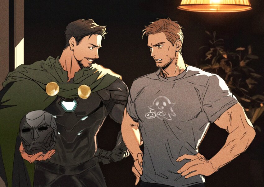 2boys arc_reactor armor avengers_(series) black_armor black_background blonde_hair blue_eyes brown_eyes brown_hair cape chinese_commentary commentary_request doctor_doom facial_hair fingernails full_armor green_cape grey_shirt hand_on_own_hip hands_on_own_hips heart helmet highres holding holding_helmet lamp looking_at_another male_focus malkogromit marvel marvel_cinematic_universe multiple_boys plant power_armor shirt short_hair short_sleeves simple_background smile speech_bubble standing steve_rogers sweatdrop t-shirt teeth tony_stark unworn_headwear unworn_helmet v-shaped_eyebrows