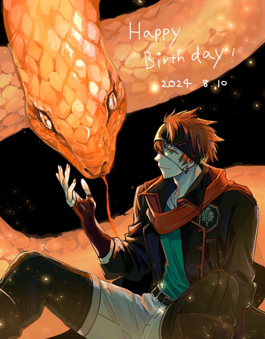 1boy animal badge belt black_background black_coat black_headband black_order_uniform boots brown_boots brown_pants coat collared_coat d.gray-man earrings eyepatch fingerless_gloves forked_tongue giant_snake gloves green_eyes green_shirt hair_between_eyes happy_birthday headband highres hoop_earrings jewelry lavi light_smile looking_at_animal looking_at_another male_focus military military_uniform oilon orange_hair oversized_animal pants red_gloves red_scarf scarf shirt short_hair sitting snake solo striped_coat striped_headband tongue two-tone_pants white_pants