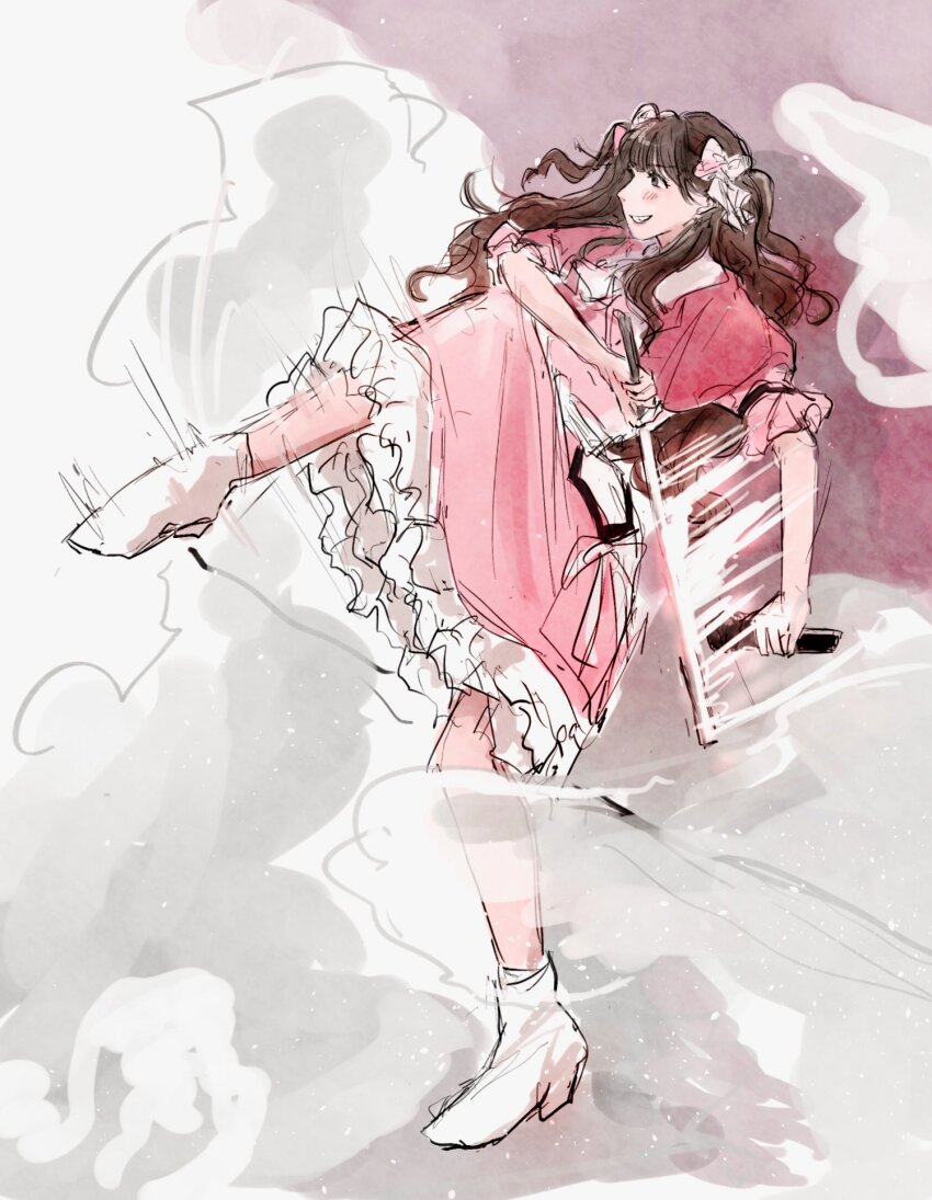 1girl animification bloom_the_smile_bloom_the_dream! boots brown_hair dress frilled_dress frills full_body glowstick grin high_heel_boots high_heels high_kick highres holding holding_glowstick holding_microphone jacket kicking leg_up link!_like!_love_live! love_live! love_live!_nijigasaki_high_school_idol_club love_live!_series_asia_tour_2024 medium_dress microphone neckerchief official_alternate_costume open_clothes open_jacket penlight_(glowstick) pink_dress pink_jacket profile puffy_short_sleeves puffy_sleeves real_life ryouran!_victory_road_(love_live!) short-sleeved_jacket short_sleeves sideways_mouth smile solo standing tsukine_kona tsurime voice_actor white_boots white_neckerchief yam5565