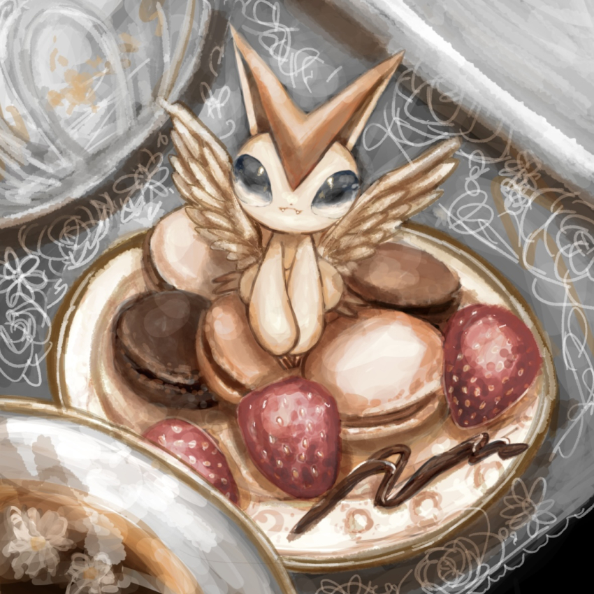 animal_focus blank_eyes blue_eyes bowl chocolate_syrup closed_mouth creatures_(company) fangs fangs_out feathered_wings food fruit full_body game_freak gen_5_pokemon in_food legendary_pokemon looking_at_viewer macaron mythical_pokemon neverland+ nintendo no_humans own_hands_together plate pokemon pokemon_(creature) sitting strawberry v_arms victini wings