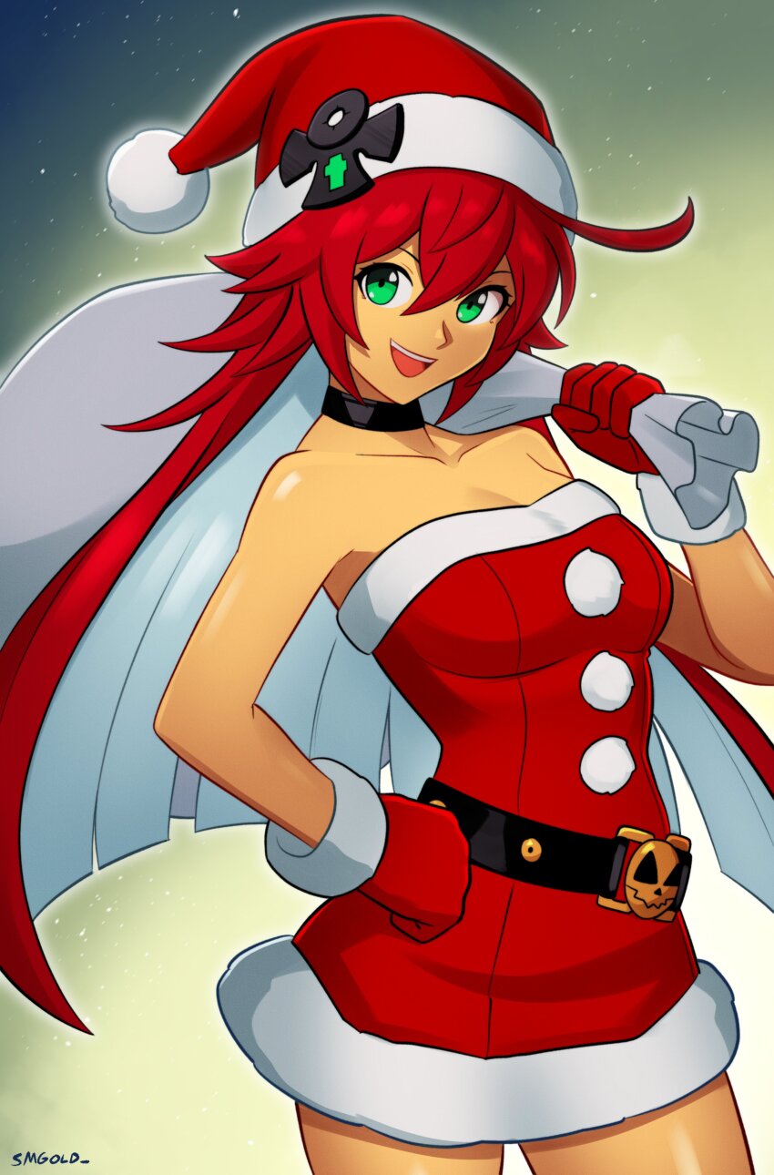 1girl absurdres ankh artist_name belt breasts capelet choker collarbone colored_inner_hair commentary dress english_commentary fur-trimmed_capelet fur-trimmed_dress fur-trimmed_gloves fur_trim gloves green_eyes guilty_gear hair_between_eyes hand_on_own_hip hat highres holding holding_sack jack-o&#039;_valentine long_hair looking_at_viewer medium_breasts multicolored_hair open_mouth red_capelet red_dress red_gloves red_hair sack santa_costume santa_dress santa_hat short_dress smgold smile solo white_hair