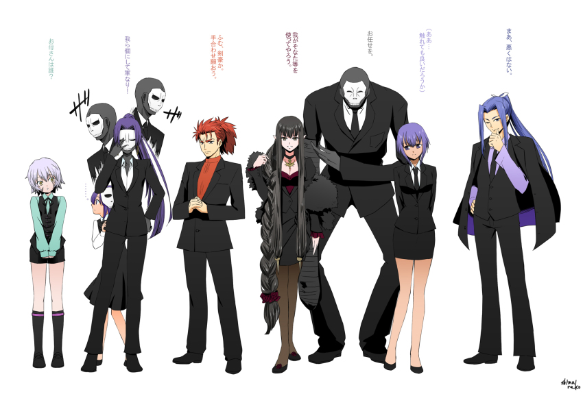 10s 5boys 5girls assassin_(fate/zero) bandaged_arm bandages black_hair black_skin bowing braid braiding_hair business_suit child_assassin_(fate/zero) colored_skin cracking_knuckles fate/apocrypha fate/extra fate/grand_order fate/hollow_ataraxia fate/prototype fate/prototype:_fragments_of_blue_and_silver fate/stay_night fate/zero fate_(series) female_assassin_(fate/zero) formal_clothes hairdressing hassan_of_serenity_(fate) hassan_of_the_cursed_arm_(fate) highres jack_the_ripper_(fate/apocrypha) jewelry li_shuwen_(fate) li_shuwen_(young)_(fate) long_hair mask multiple_boys multiple_girls necklace pantyhose pointy_ears ponytail purple_hair red_hair sasaki_kojirou_(fate) semiramis_(fate) shimaneko skull_mask standing suit tall translation_request very_long_hair yellow_eyes