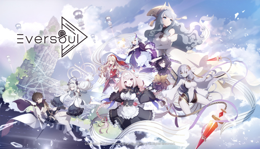 1boy aircraft airship android arm_under_breasts black_gloves black_hair blonde_hair blue_eyes blue_hair blue_sky braid breasts brown_hair cane cape clothing_cutout cloud cloudy_sky company_name constellation copyright_name copyright_notice dress english_text eversoul fingerless_gloves frills glass_shards gloves grey_eyes habit hair_ornament headband headdress highres holding holding_cane jacqueline_(eversoul) joints large_breasts linzy_(eversoul) logo long_hair long_sleeves looking_at_another looking_at_viewer looking_to_the_side low-tied_long_hair maid mephistopheles_(eversoul) multiple_girls nun official_art official_wallpaper one_eye_covered own_hands_clasped own_hands_together pink_eyes pink_hair plant promotional_art purple_hair ribbon robot_joints savior_(eversoul) shoulder_cutout sky sleeves_past_fingers sleeves_past_wrists spacecraft talia_(eversoul) white_dress white_hair yellow_eyes yuria_(eversoul)