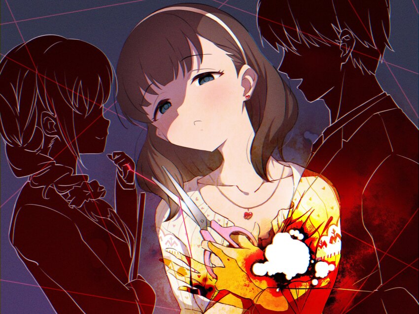 1boy 2girls brown_hair burnt frown grey_eyes hairband heart heart_necklace highres idolmaster idolmaster_cinderella_girls jewelry medium_hair multiple_girls nanananananasea necklace producer_(idolmaster) sakuma_mayu scissors senkawa_chihiro upper_body yandere