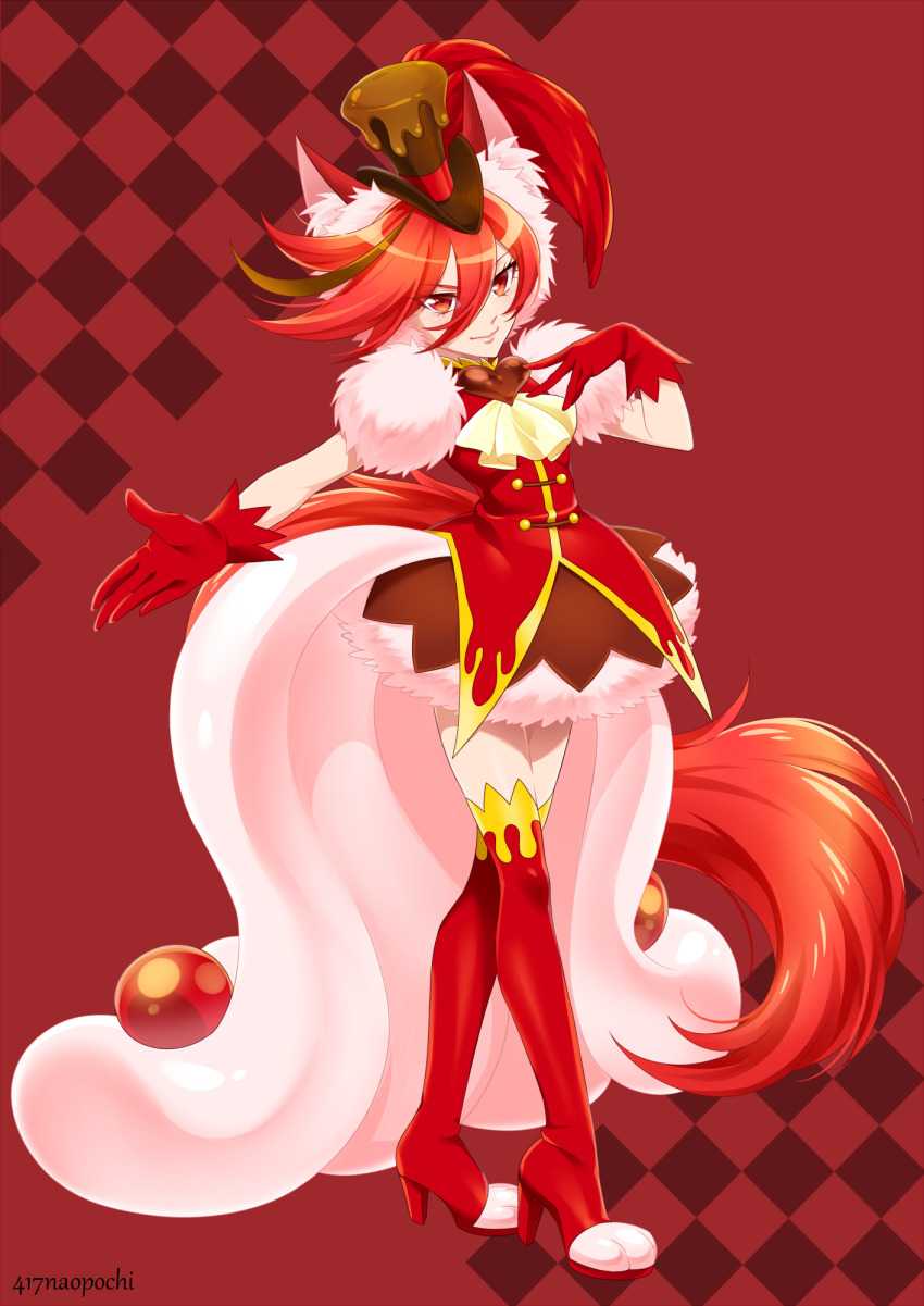 0417nao 1girl a_la_mode_style_(precure) artist_name boots brown_hat brown_skirt closed_mouth cure_chocolat cure_chocolat_(a_la_mode_style) full_body gloves hair_between_eyes hat heart high_heel_boots high_heels highres jacket kenjou_akira kirakira_precure_a_la_mode miniskirt multicolored_hair precure red_background red_boots red_eyes red_gloves red_hair red_jacket skirt smile solo standing streaked_hair thigh_boots thighhighs