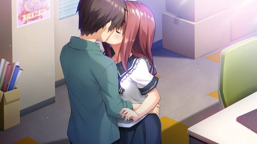 1boy 1girl alpha_(yukai_na_nakamatachi) aqua_shirt black_sailor_collar blue_skirt blush brown_hair character_request closed_eyes collarbone collared_shirt couple frilled_sailor_collar frills game_cg hetero indoors kiss long_hair sailor_collar sailor_shirt shirt short_hair short_shorts short_sleeves shorts skirt sleeveless sleeveless_shirt sousaku_kanojo_no_renai_koushiki white_shirt