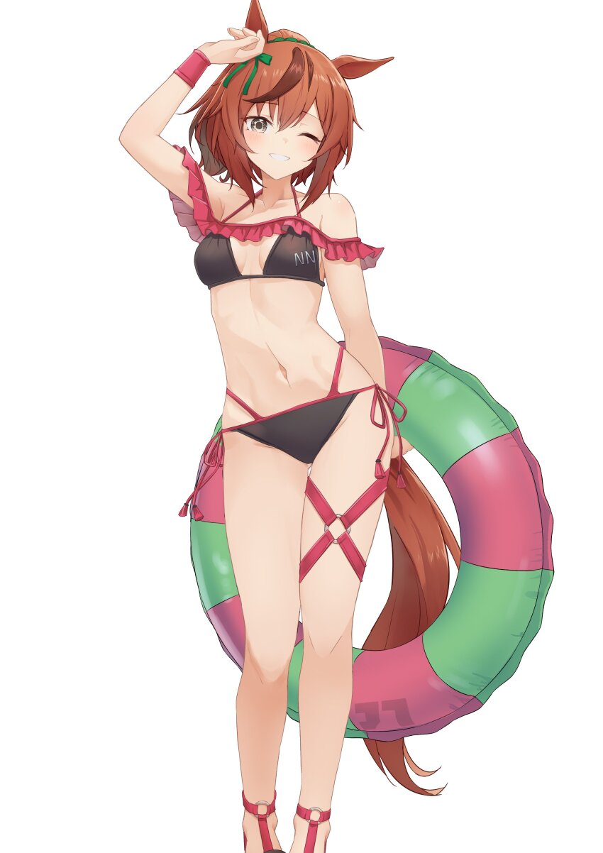 1girl absurdres alternate_costume animal_ears arm_up bikini black_bikini blush breasts brown_eyes brown_hair brown_tail commentary_request contrapposto feet_out_of_frame frilled_innertube frills halterneck highres horse_ears horse_girl horse_tail innertube jtleeklm long_hair looking_at_viewer multi-strapped_bikini_bottom multicolored_innertube navel nice_nature_(umamusume) o-ring o-ring_thigh_strap one_eye_closed ponytail simple_background small_breasts smile solo standing stomach striped_innertube swim_ring swimsuit tail thigh_strap umamusume white_background