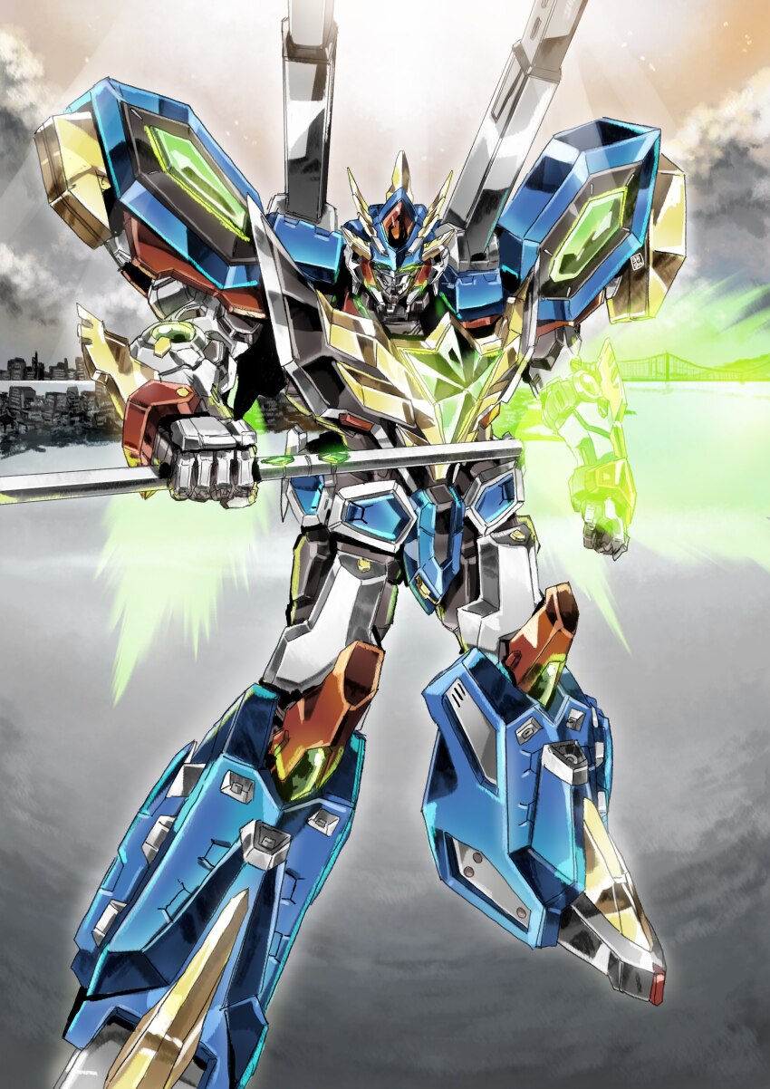 absurdres arm_at_side bravern bridge burn_bravern clenched_hand cloud cloudy_sky commentary_request dark_clouds day eye_trail full_body garimpeiro green_eyes highres holding holding_weapon light_rays light_trail looking_at_viewer mecha mecha_focus no_humans outdoors robot science_fiction shoulder_cannon sky smoke solo sunbeam sunlight super_robot v-fin weapon yuuki_bakuhatsu_bang_bravern