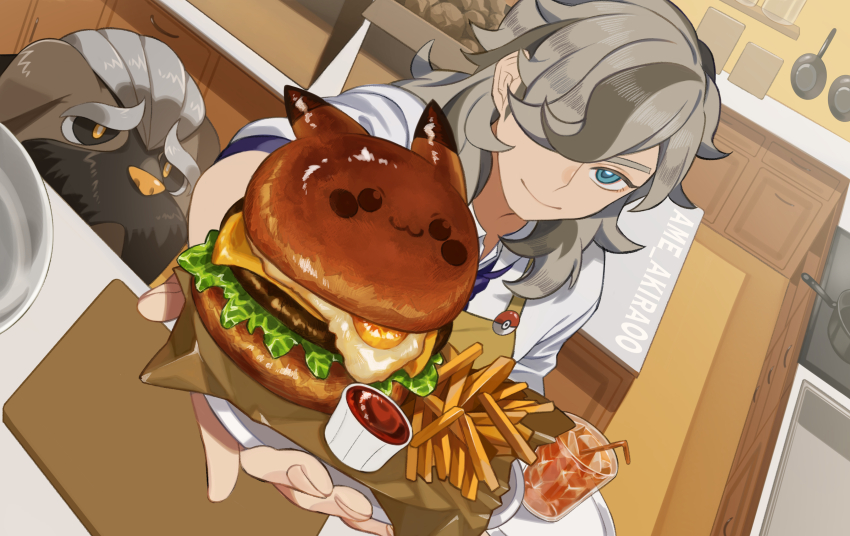 1boy absurdres ame_akira apron arven_(pokemon) brown_hair burger cheese closed_mouth commentary_request drinking_straw food french_fries fried_egg glass hair_over_one_eye hand_up highres holding ice ice_cube indoors kitchen lettuce long_hair mabosstiff male_focus multicolored_hair nintendo pokemon pokemon_(creature) pokemon_sv sauce shirt sliced_cheese smile streaked_hair white_shirt