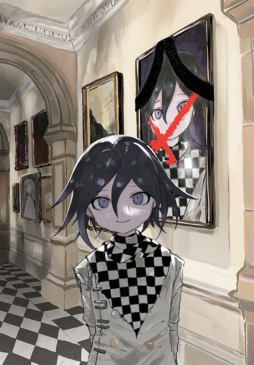 1boy arch arm_behind_back art_gallery black_hair buttons checkered_clothes checkered_scarf danganronpa_(series) danganronpa_v3:_killing_harmony flipped_hair hair_between_eyes highres iei indoors long_sleeves looking_at_viewer male_focus medium_hair oma_kokichi picture_frame purple_eyes purple_hair sa_(pixiv_89232413) scarf smile solo tile_floor tiles two-tone_scarf upper_body