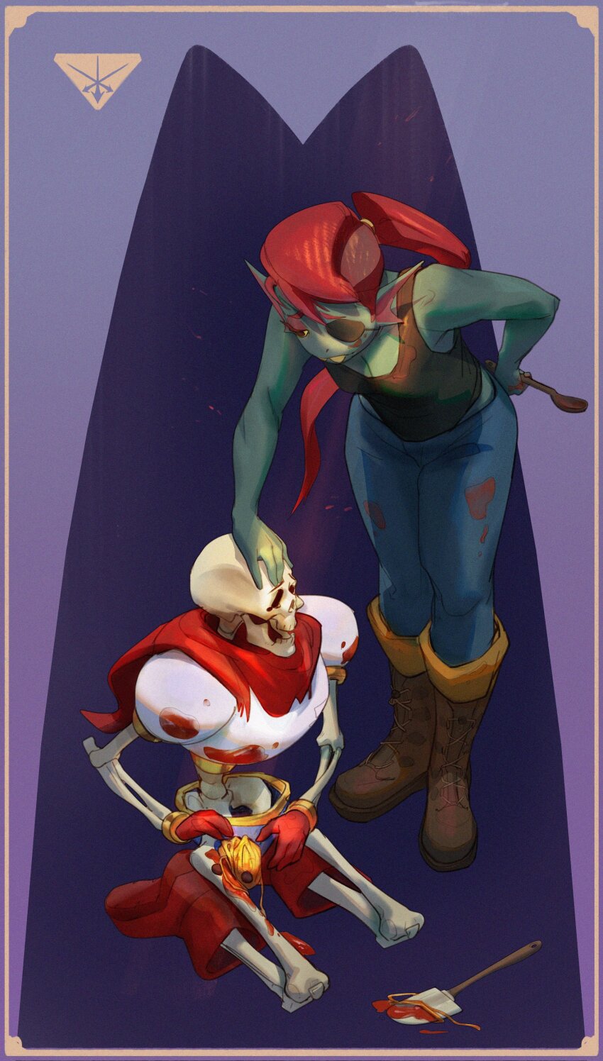 1boy 1girl absurdres blue_skin boots breasts brown_footwear colored_sclera colored_skin denim eyepatch fins food gloves hand_on_another&#039;s_head head_fins highres holding jeans kneeling long_hair monster_girl open_mouth pants papyrus_(undertale) pasta ponytail red_footwear red_gloves red_hair sauce scarf shirt skeleton spaghetti spoon teeth undertale undyne yellow_sclera zeker_art