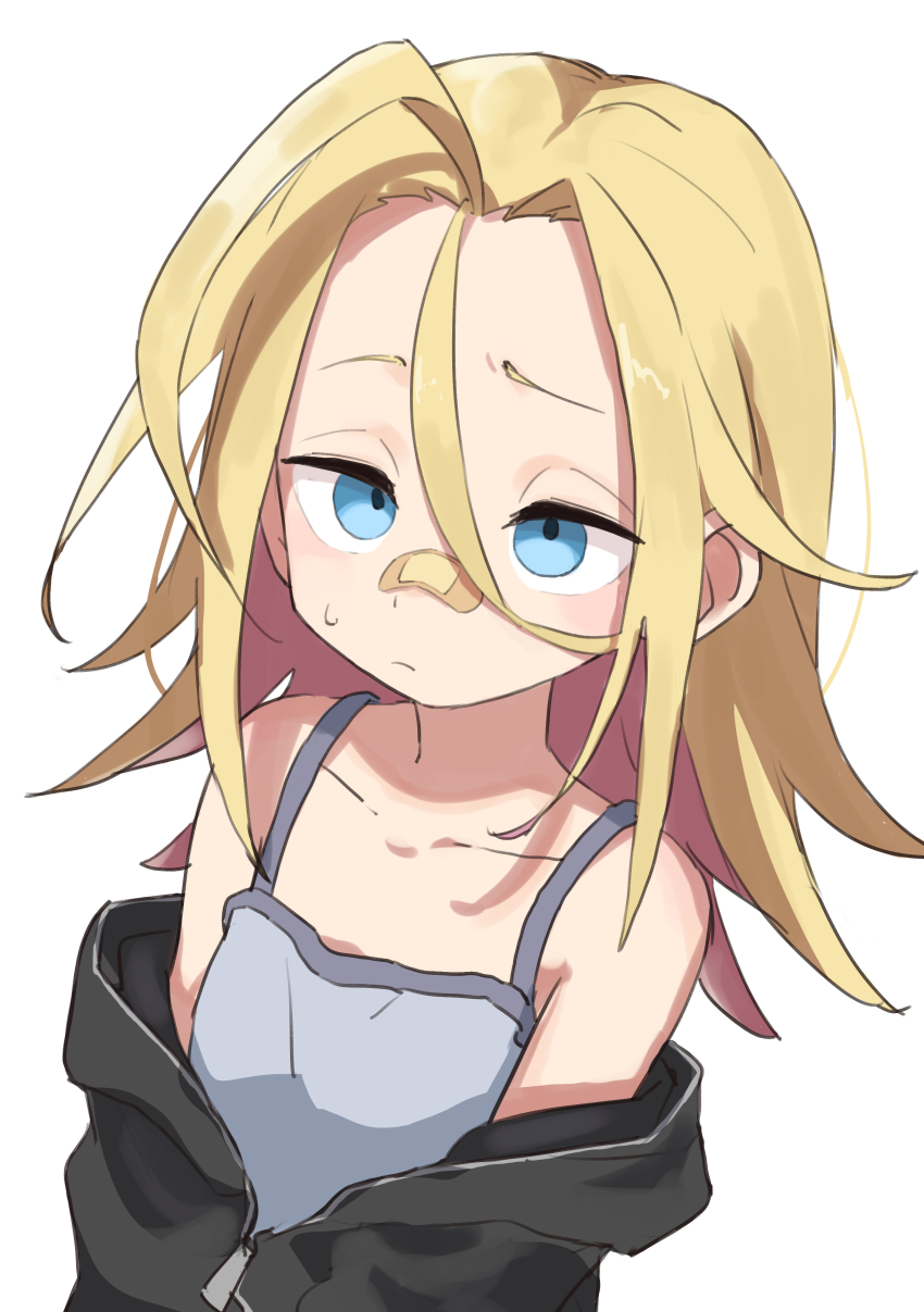 1girl absurdres bandaid bandaid_on_face bandaid_on_nose blonde_hair blue_eyes collarbone colored_inner_hair commentary_request do_it_yourself!! gazacy_(dai) hair_between_eyes highres juliet_queen_elizabeth_viii medium_hair multicolored_hair red_hair simple_background solo two-tone_hair upper_body white_background