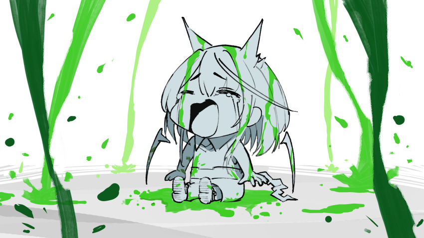1girl aged_down ahoge animal_ears arknights cat_ears closed_eyes crying full_body green_theme highres huge_ahoge mon3tr_(arknights) open_mouth partially_colored shoes simple_background solo streaming_tears tail tears teasmacker toddler white_background