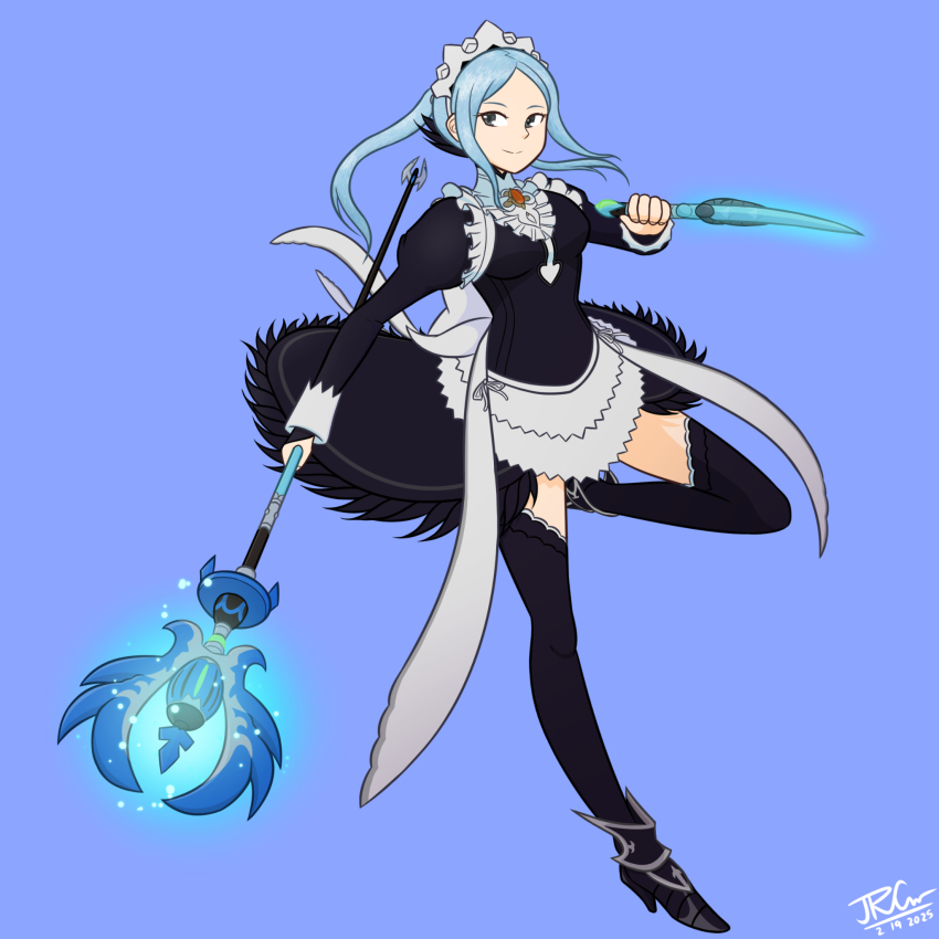 1girl apron blue_eyes blue_hair bridal_gauntlets dagger feather_trim fire_emblem fire_emblem_fates flora_(fire_emblem) grey_eyes highres holding holding_dagger holding_knife holding_staff holding_weapon jd02 knife long_hair long_sleeves looking_at_viewer maid maid_apron maid_headdress nintendo smile solo staff twintails weapon
