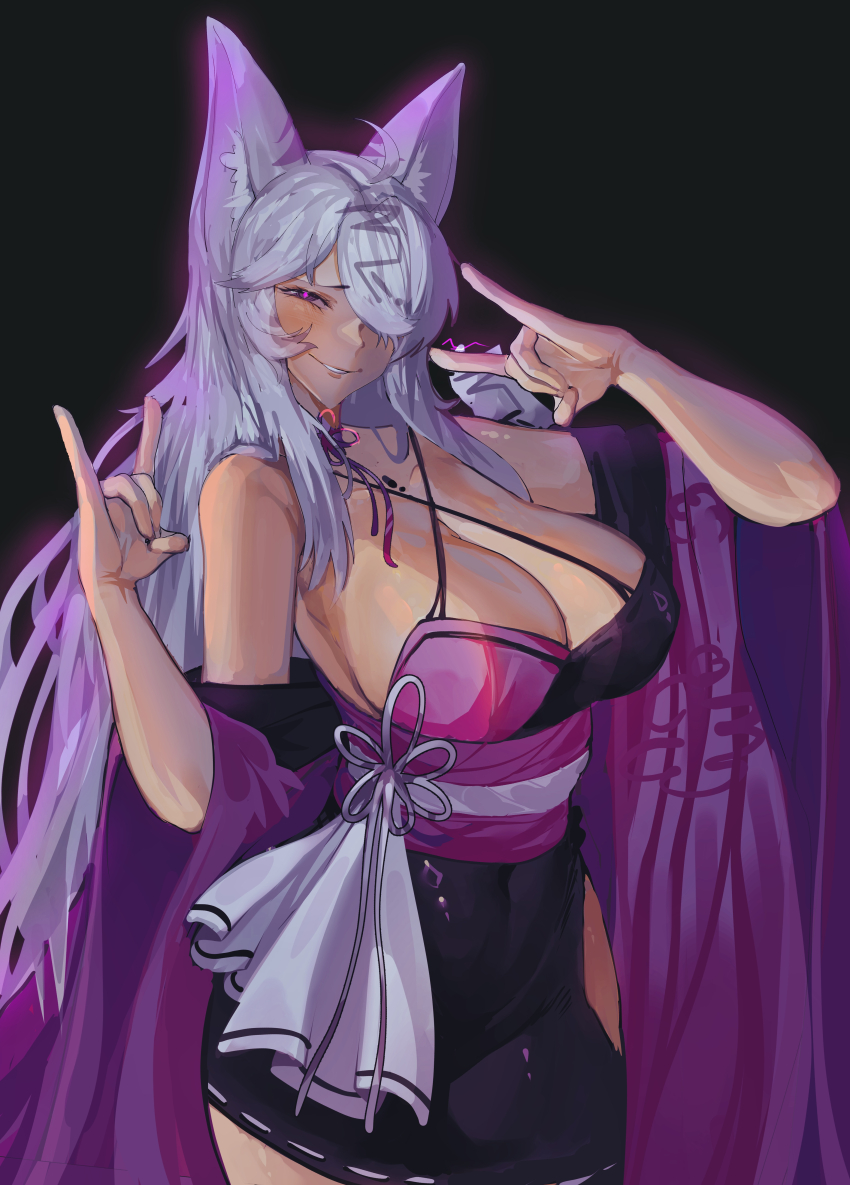 1girl absurdres animal_ears bare_shoulders bra breasts choker clothing_cutout cross-laced_bra detached_sleeves flower_choker fox_ears glowing hair_over_one_eye half-closed_eye highres inari_(mofumancer) large_breasts long_bangs long_hair multicolored_bra non-web_source original purple_aura purple_choker purple_eyes sash simple_background solo thigh_cutout tomatolover16 underwear white_hair white_sash