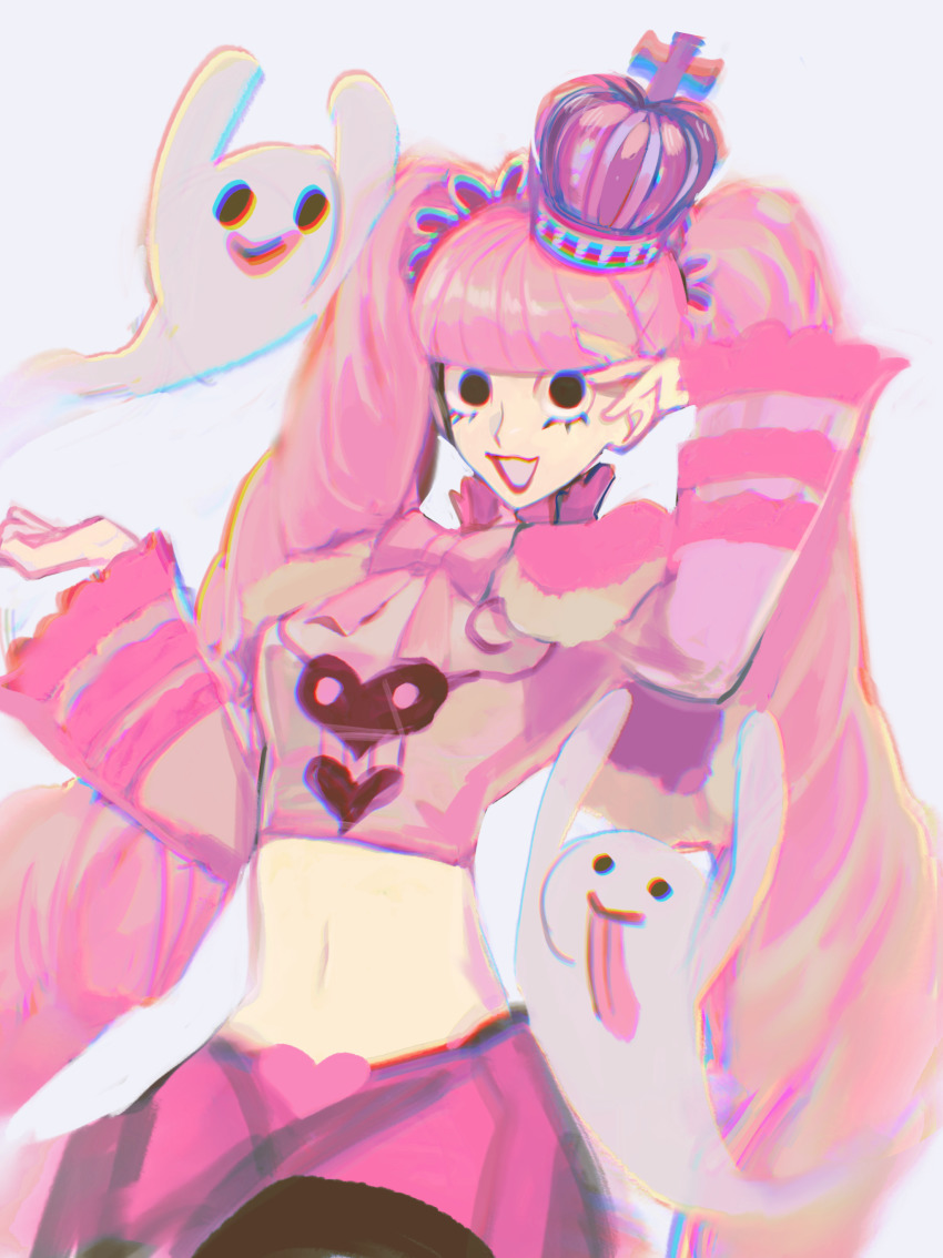 1girl 8h_kt absurdres black_eyes braid crown devil_fruit ghost highres horo_horo_no_mi lipstick long_hair looking_at_viewer makeup navel one_piece perona pink_hair red_lips solo tagme tongue tongue_out twin_braids twintails very_long_hair