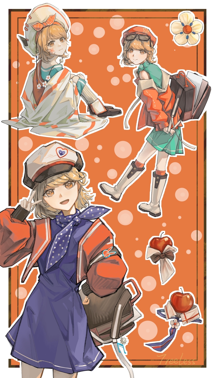 1girl :d absurdres ankle_boots apple apple_(reverse:1999) aqua_dress aqua_shirt backpack bag banner beret bicorne black_boots black_bow black_bowtie blue_dress blue_neckerchief boots border bow bow_hairband bowtie brown_hair cowboy_shot dress eyewear_on_head food fruit full_body hairband hand_up hat head_tilt highres holding_banner jacket knee_boots multiple_views neckerchief newsboy_cap off_shoulder official_alternate_costume open_bag open_clothes open_jacket open_mouth orange_eyes outside_border polka_dot_neckerchief record_jacket red_background red_hairband red_hat red_jacket red_vest regulus_(reverse:1999) regulus_(the_fierce_fan)_(reverse:1999) reverse:1999 shirt short_dress short_hair sitting sleeveless sleeveless_dress smile standing sunglasses tongshan_treeless traditional_bowtie v vest white_boots white_border white_hat