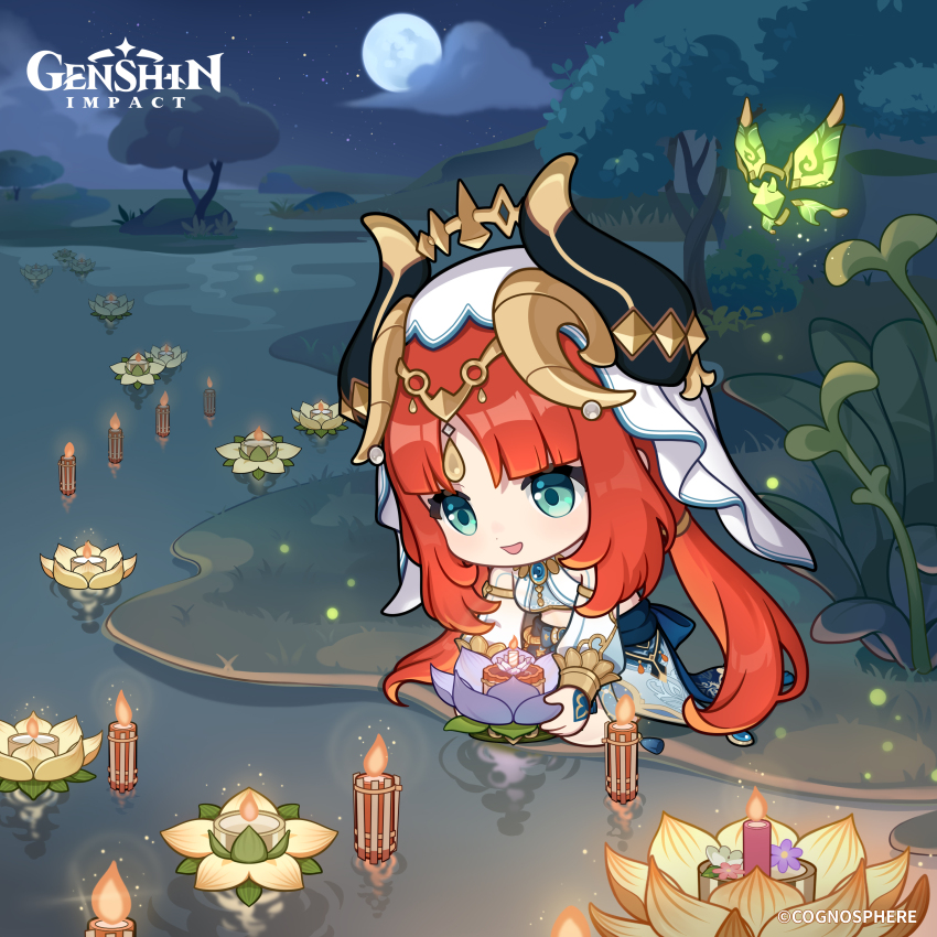 1girl absurdres aqua_eyes breasts chibi crop_top crystalfly_(genshin_impact) fake_horns genshin_impact highres horns jewelry kratong long_hair long_sleeves loy_kratong medium_breasts nilou_(genshin_impact) official_art open_mouth red_hair river solo water