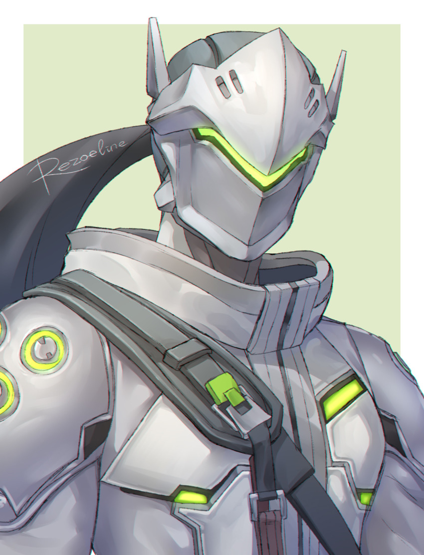 1boy border cyborg genji_(overwatch) green_background grey_jacket highres jacket long_sleeves male_focus overwatch rezoeline solo upper_body white_border