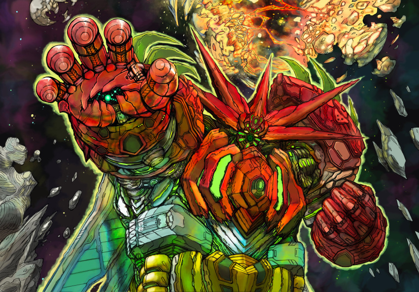 debris gattai getter_emperor getter_robo glowing glowing_eyes highres horns ishikawa_ken_(character) ishikawa_ken_(style) lava looking_at_viewer mecha mecha_focus no_humans robot science_fiction space super_robot yamanushi