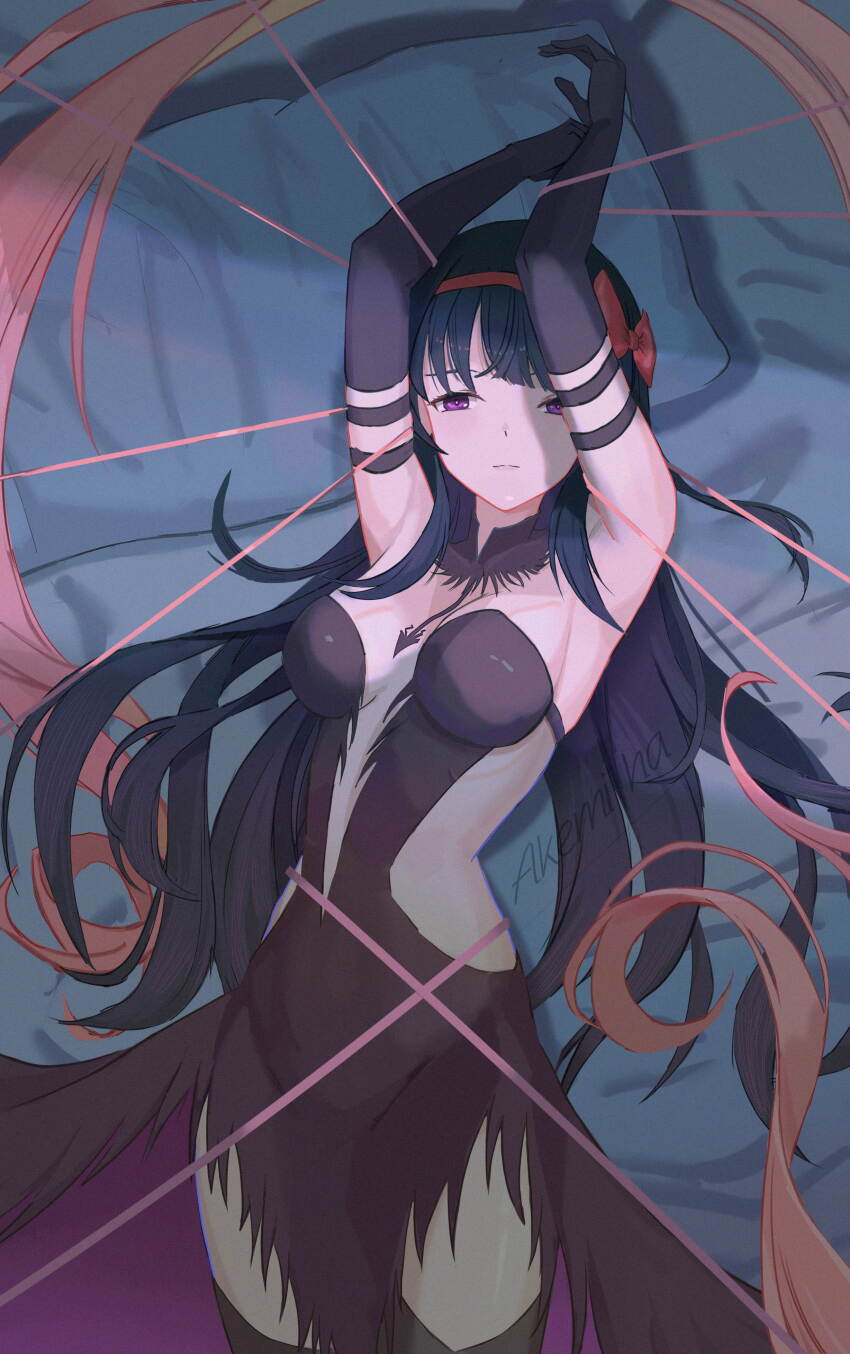1girl absurdres akemi_ha akemi_homura akuma_homura armpits arms_up black_dress black_gloves black_hair bow bow_hairband breasts closed_mouth clothing_cutout dress elbow_gloves gloves hair_bow hairband highres long_hair lying mahou_shoujo_madoka_magica mahou_shoujo_madoka_magica:_hangyaku_no_monogatari mahou_shoujo_madoka_magica_(anime) on_back purple_eyes red_bow small_breasts solo very_long_hair