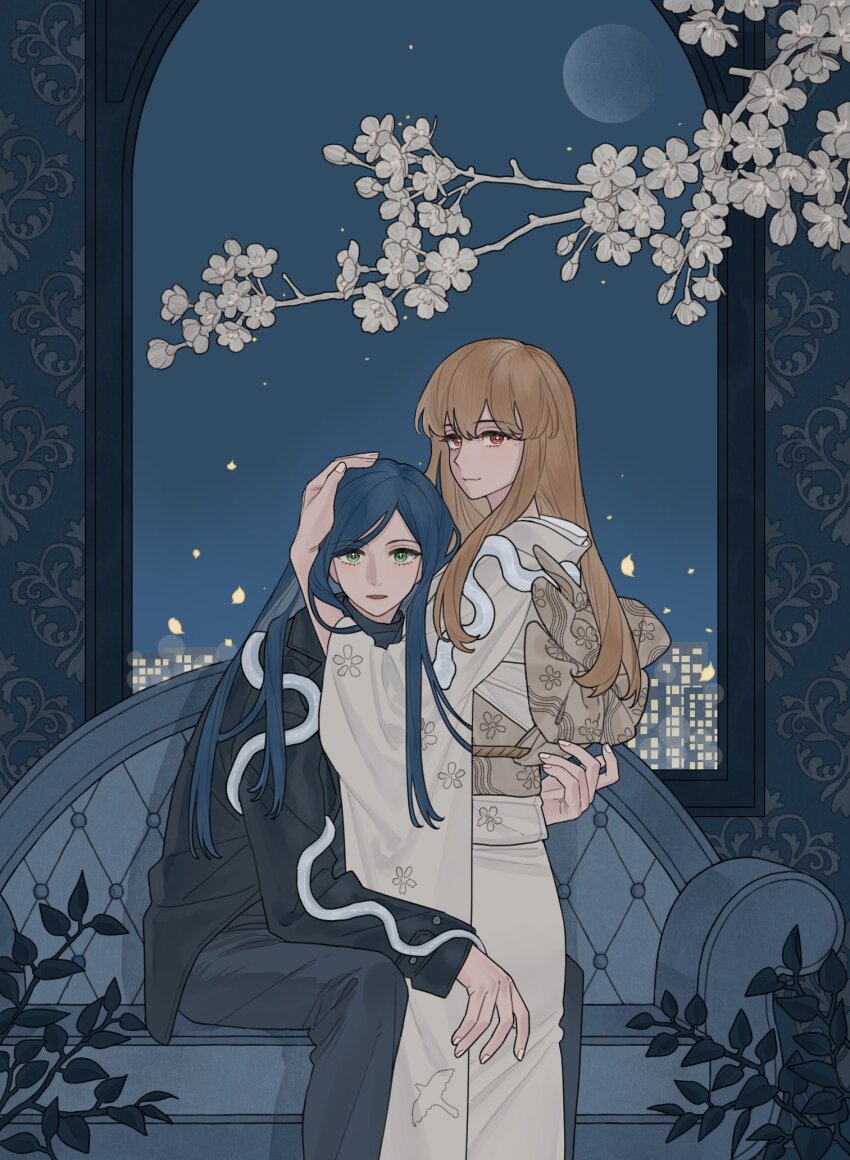 2girls between_legs black_pants black_shirt black_vs_white blue_hair brown_hair closed_mouth commentary_request couch female_focus fujino_shizuru green_eyes hakson777 hand_on_another&#039;s_head hand_on_another&#039;s_waist highres japanese_clothes kimono kuga_natsuki long_hair long_sleeves moon multiple_girls my-hime night night_sky obi outdoors pants parted_lips red_eyes sash shirt sitting sky smile snake snake_wrapped_around_arm standing star_(sky) white_kimono yuri