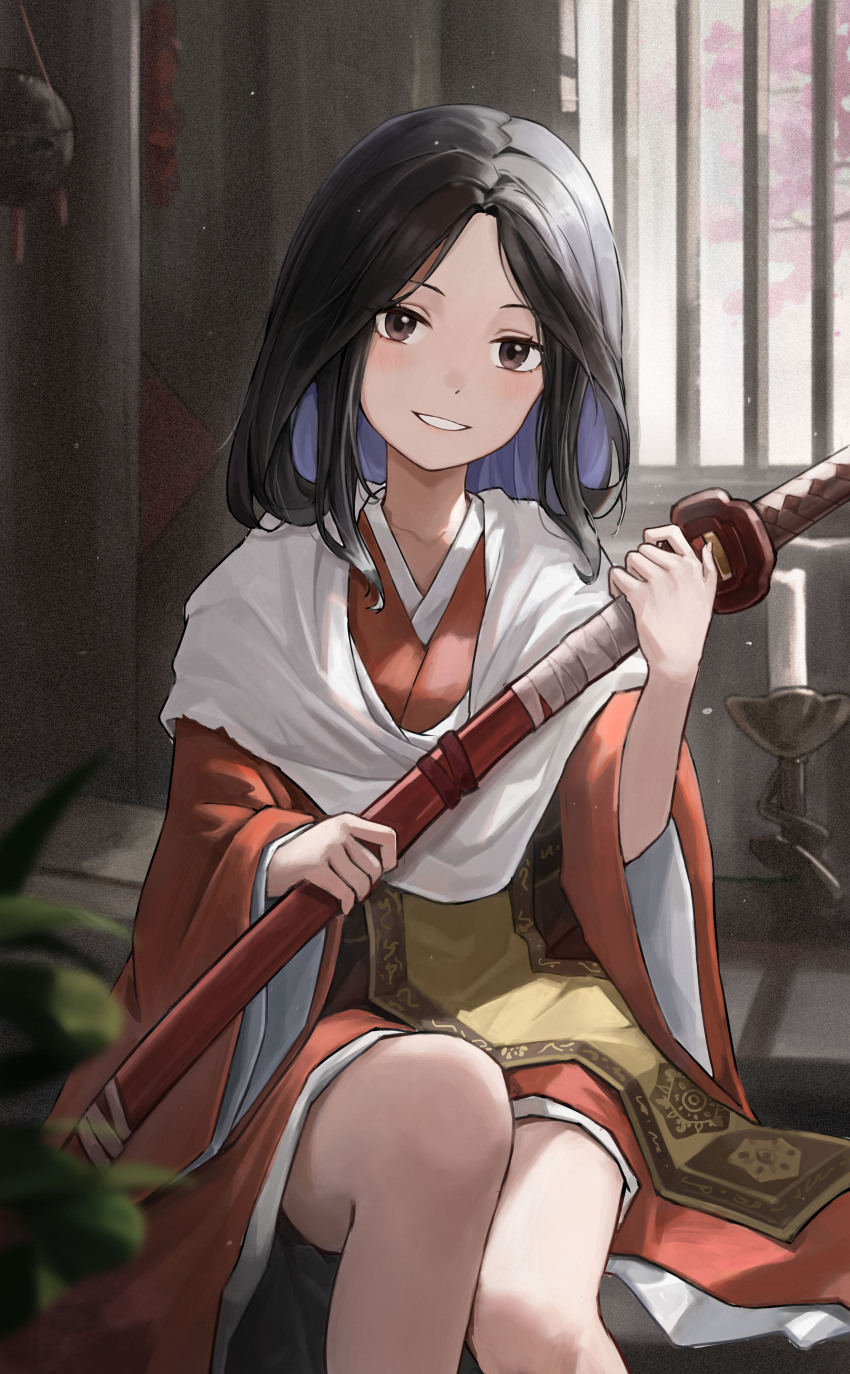 1girl absurdres blush brown_kimono candle candlelight divine_child_of_rejuvenation highres japanese_clothes katana kimono layered_clothes layered_kimono long_hair looking_at_viewer nitouchesiji parted_bangs sekiro:_shadows_die_twice smile sword weapon