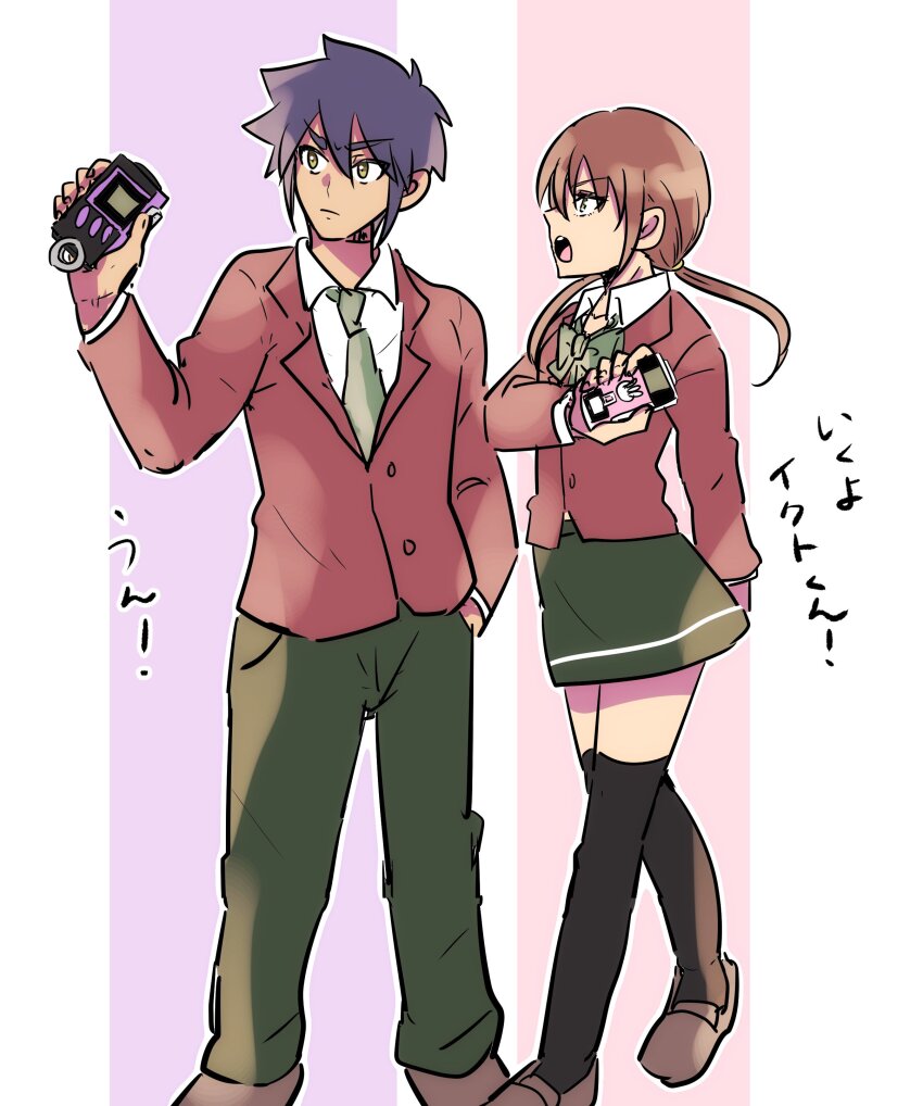 1boy 1girl absurdres daimon_chika digimon highres long_hair necktie noguchi_ikuto short_hair skirt