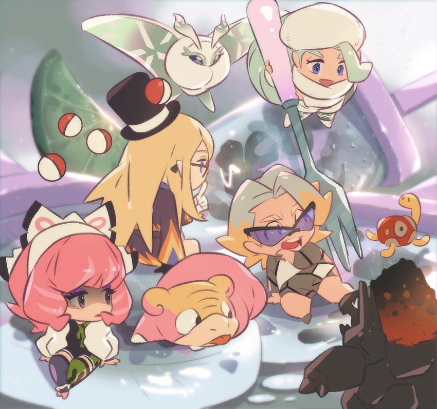 2boys 2girls asymmetrical_legwear avery_(pokemon) black-framed_eyewear black_headwear blonde_hair boots brown_jacket chibi coalossal commentary eyeshadow fork frosmoth fur_jacket galarian_form galarian_slowpoke gen_2_pokemon gen_8_pokemon glasses gordie_(pokemon) gym_leader hat holding holding_fork jacket klara_(pokemon) long_hair makeup melony_(pokemon) mikripkm mini_hat mismatched_legwear multicolored_hair multiple_boys multiple_girls nintendo pink_hair pink_lips poke_ball poke_ball_(basic) pokemon pokemon_(creature) pokemon_swsh purple_eyeshadow scarf shoes shorts shuckle sitting sunglasses sweater thighhighs two-tone_hair uneven_legwear white_footwear white_headwear white_jacket white_scarf white_sweater