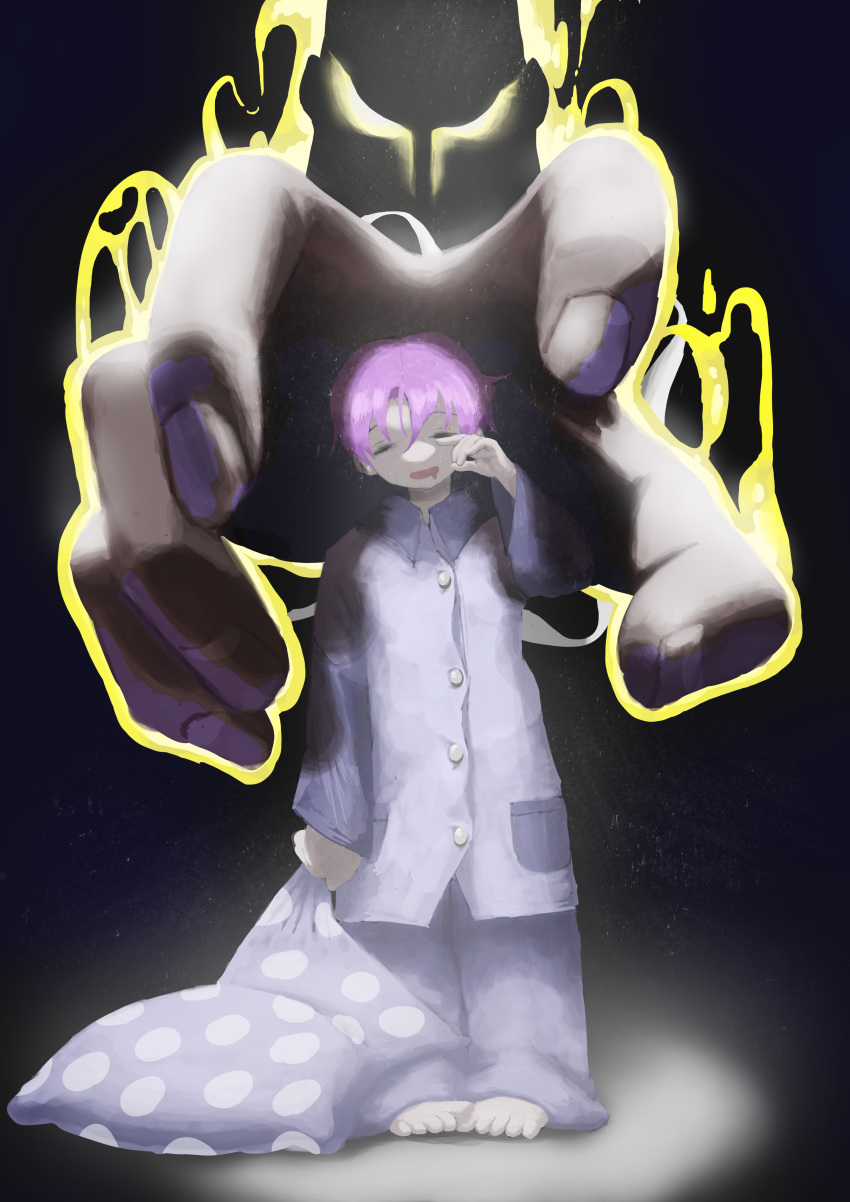 1girl absurdres aura barefoot darkstalkers demitri_maximoff drooling giant_hand highres holding holding_pillow lilith_(darkstalkers) midnight_bliss mouth_drool nojob_hiro official_alternate_costume pajamas pillow purple_hair rubbing_eyes short_hair