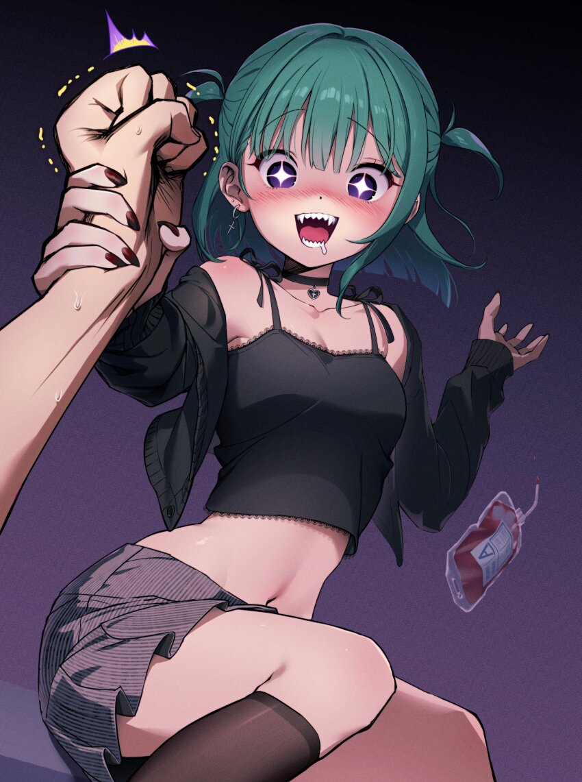 1girl 1other absurdres aqua_hair black_camisole black_choker black_jacket blood blood_bag blush bright_pupils camisole choker choppy_bangs commentary crop_top cross cross_earrings drooling dropping earrings english_commentary feet_out_of_frame film_grain fingernails grey_skirt heart_pendant highres holding_another&#039;s_wrist jacket jewelry long_sleeves midriff miniskirt nail_polish navel nose_blush nyancul off_shoulder open_clothes open_jacket open_mouth original out_of_frame pleated_skirt purple_background purple_eyes red_nails sharp_teeth short_hair skirt solo_focus spaghetti_strap star-shaped_pupils star_(symbol) striped_clothes striped_skirt sweat symbol-shaped_pupils teeth two_side_up vertical-striped_clothes vertical-striped_skirt white_pupils