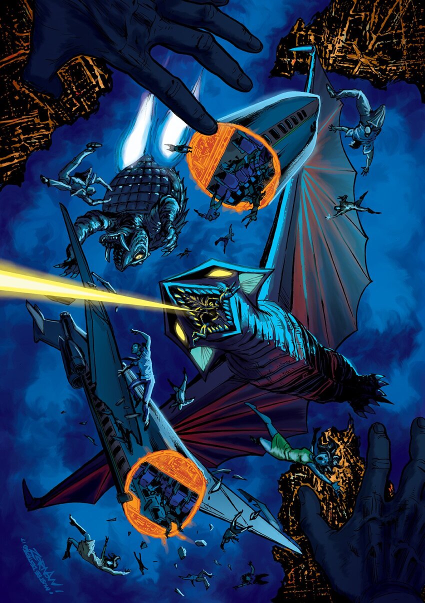 aerial_battle aircraft airplane battle bioluminescence boosters breath_weapon burning city city_lights daiei_motion_picture energy energy_beam epic exhaust falling fire flying gamera gamera_(series) gamera_vs._gyaos glowing glowing_eyes gyaos highres hot jeff_zornow kaiju laser melting molten_metal mouth_beam night pov rotated supersonic_scalpel thrusters turtle tusks wings yellow_laser