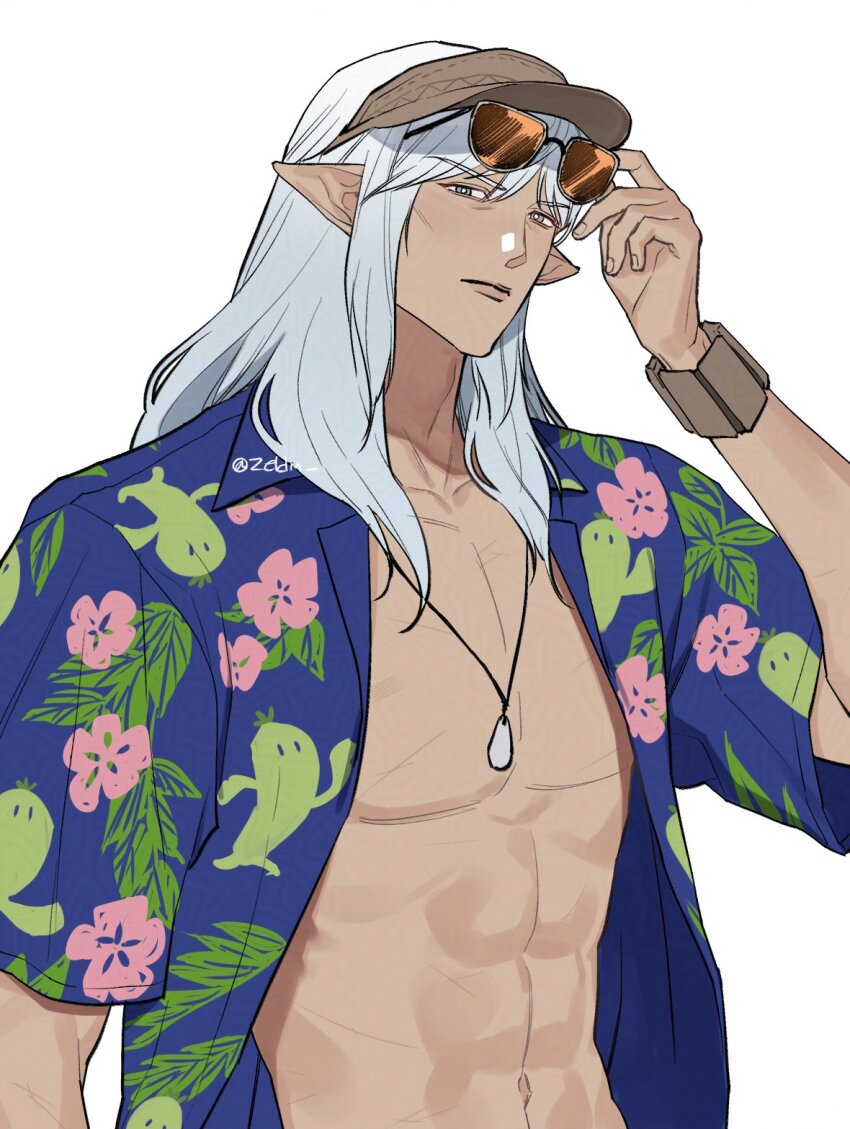 1boy adjusting_eyewear brown_wrist_cuffs cheekbones elezen elf estinien_varlineau final_fantasy final_fantasy_xiv grey_eyes hair_between_eyes hawaiian_shirt highres jewelry long_hair looking_at_viewer male_focus necklace open_clothes open_shirt pectorals pointy_ears print_shirt sabotender shirt short_sleeves solo sunglasses upper_body visor_cap white_hair wrist_cuffs zeldm