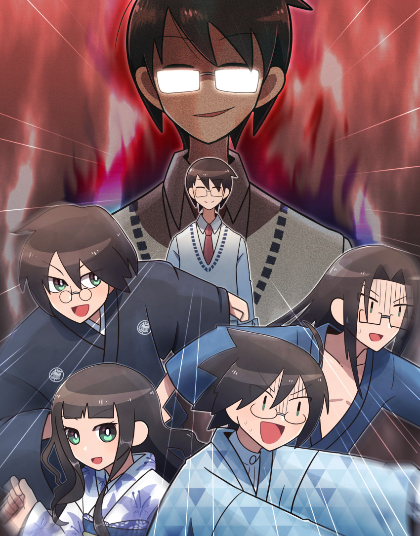 1girl 4boys :d ahoge black_hair black_kimono blunt_bangs brother_and_sister brothers closed_eyes collared_shirt commentary fiery_background fire fleeing glasses glowing_glasses green_eyes grin highres itoshiki_enishi itoshiki_kei itoshiki_mikoto itoshiki_nozomu itoshiki_rin japanese_clothes kimono long_hair motion_lines multiple_boys necktie open_mouth running samue sayonara_zetsubou_sensei shirt siblings smile speed_lines sweater_vest tomato_ebichiri zoom_layer