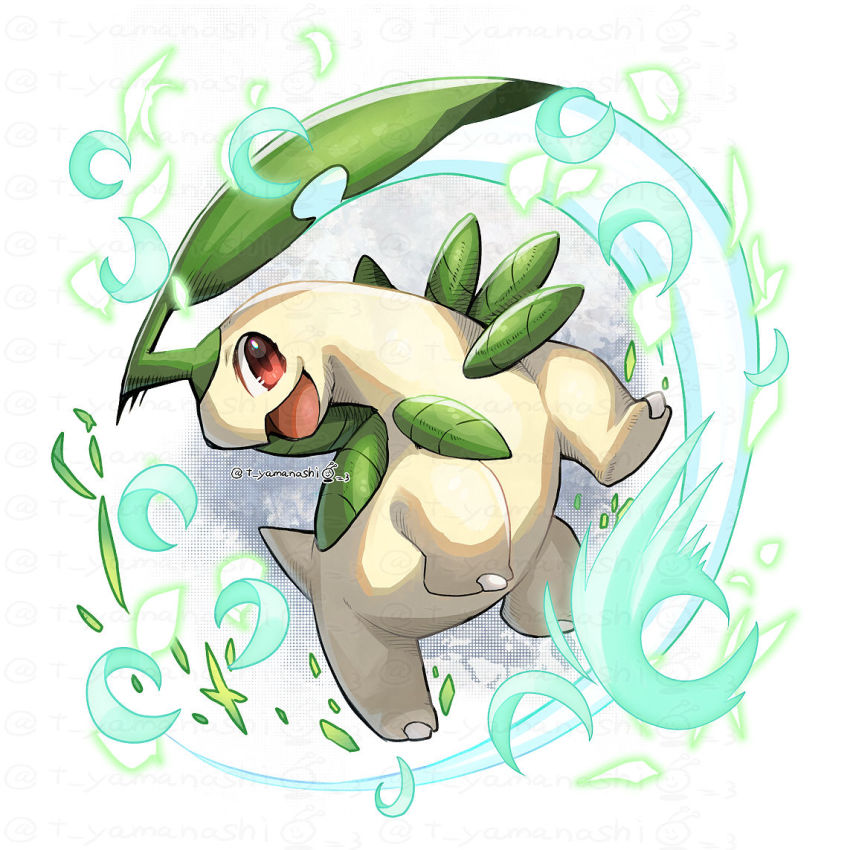 :d bayleef commentary_request full_body gen_2_pokemon happy looking_at_viewer nintendo no_humans open_mouth pokemon pokemon_(creature) pokemon_focus red_eyes smile solo watermark yamanashi_taiki