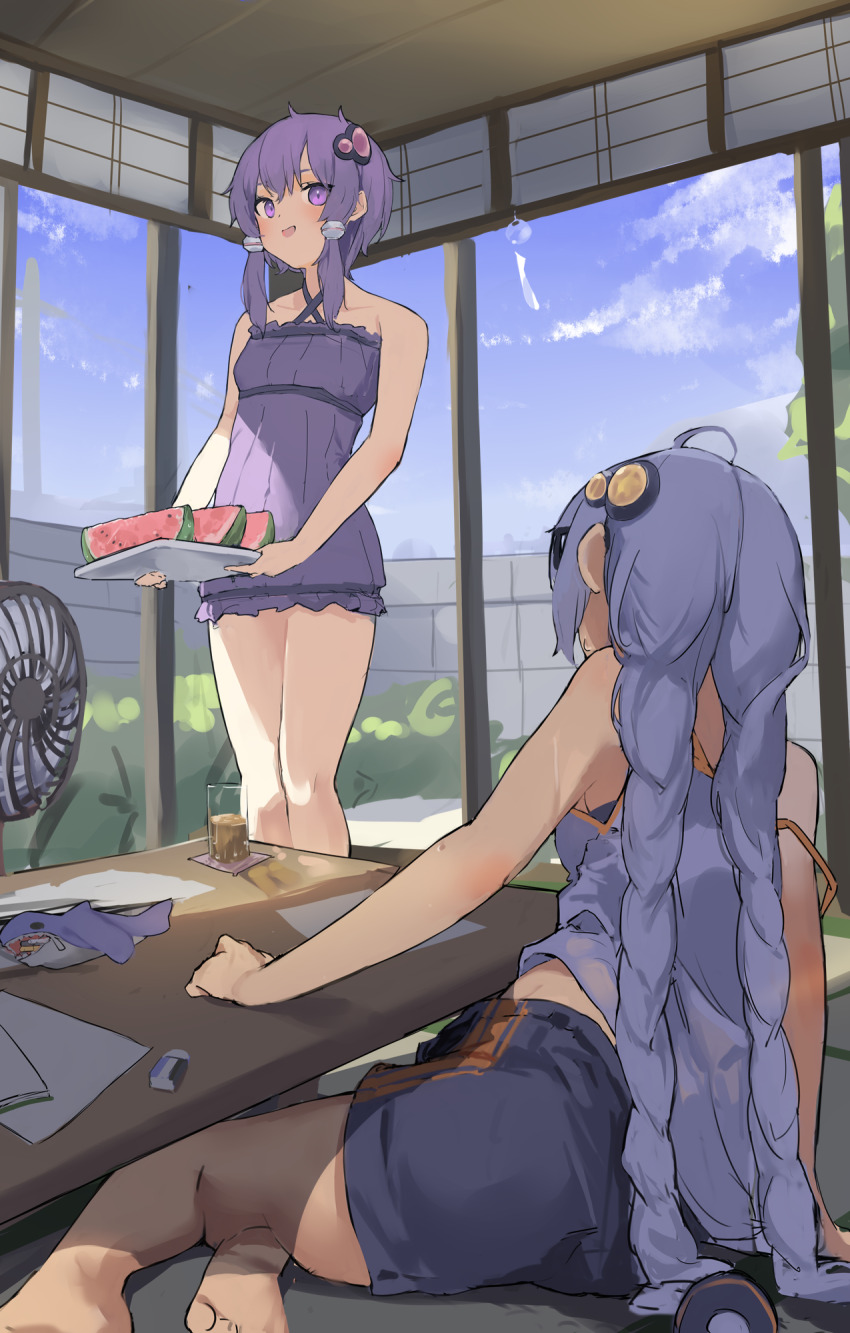 2girls ahoge arm_support armpits barefoot beads blue_hair blue_sky braided_twintails brick_wall cloud condensation cup dress drinking_glass electric_fan eraser food from_behind from_below fruit hair_beads hair_ornament hand_on_table highres holding holding_food holding_fruit holding_watermelon indoors kizuna_akari kneepits leaning_to_the_side looking_at_another multiple_girls off-shoulder_dress off_shoulder open_mouth paper plant pocche-ex purple_eyes purple_hair shirt short_dress shorts single_off_shoulder sitting sky sleeveless sleeveless_dress sleeveless_shirt soles standing summer table toes voiceroid watermelon watermelon_slice wind_chime wooden_ceiling wooden_table yuzuki_yukari