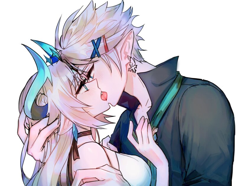 1boy 1girl abysser_(elsword) black_shirt blue_eyes blue_horns ciel_(elsword) earrings elsword french_kiss grey_hair hair_ornament hairclip hand_in_another&#039;s_hair highres horns ishtar_(elsword) jewelry kiss long_hair looking_at_another luciela_r._sourcream mme12165 pointy_ears shirt short_hair simple_background upper_body white_background