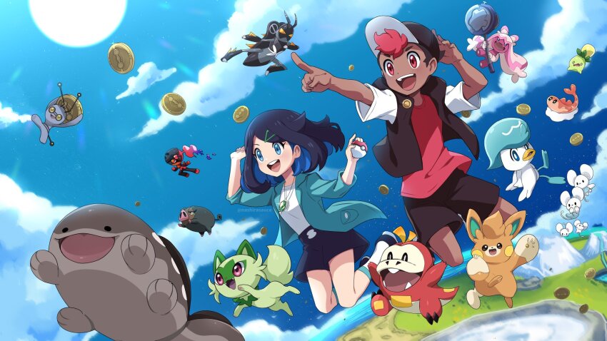1boy 1girl black_hair blue_eyes blue_jacket blue_sky charcadet clodsire colored_skin creatures_(company) dark-skinned_male dark_skin fuecoco game_freak gimmighoul gimmighoul_(roaming) hair_ornament highres jacket jewelry lechonk liko_(pokemon) lokix maushold maushold_(family_of_four) nashirasauce necklace nintendo pawmi pokemon pokemon_(anime) pokemon_horizons quaxly red_hair roy_(pokemon) shirt sky smoliv sprigatito sun tatsugiri tinkaton white_shirt white_skin