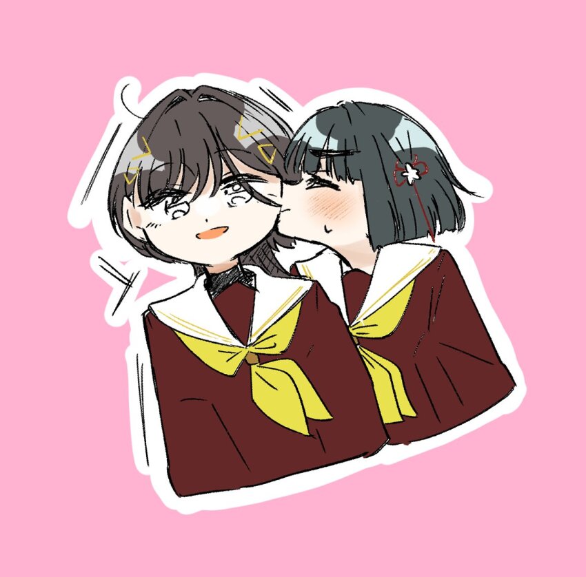 2girls :d blunt_bangs blunt_ends blush bob_cut brown_dress brown_hair closed_eyes commentary dress flower flower_knot hair_flower hair_intakes hair_ornament hasu_no_sora_school_uniform katsuragi_izumi kiss kissing_cheek link!_like!_love_live! long_hair long_sleeves love_live! momose_ginko multiple_girls neckerchief open_mouth outline profile puripuri_hurai sailor_collar sailor_dress school_uniform short_hair smile sweatdrop v-shaped_eyebrows virtual_youtuber white_flower white_outline white_sailor_collar winter_uniform wolf_cut yellow_neckerchief yuri
