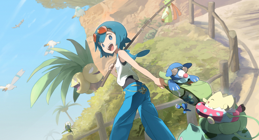 1girl :d alolan_exeggutor alolan_form bare_arms blue_eyes blue_hair blue_pants blue_sailor_collar bright_pupils bulbasaur character_doll commentary_request day dewpider eko000ohce eyewear_on_head fence fishing_rod gen_1_pokemon gen_2_pokemon gen_3_pokemon gen_7_pokemon hand_up highres holding holding_fishing_rod kyogre lana_(pokemon) legendary_pokemon looking_down nintendo no_sclera one-piece_swimsuit open_mouth outdoors pants pokemon pokemon_(creature) pokemon_sm popplio sailor_collar shirt short_hair sky sleeveless sleeveless_shirt smile standing sunglasses swimsuit swimsuit_under_clothes teeth togepi tongue upper_teeth_only white_pupils white_shirt wingull xatu