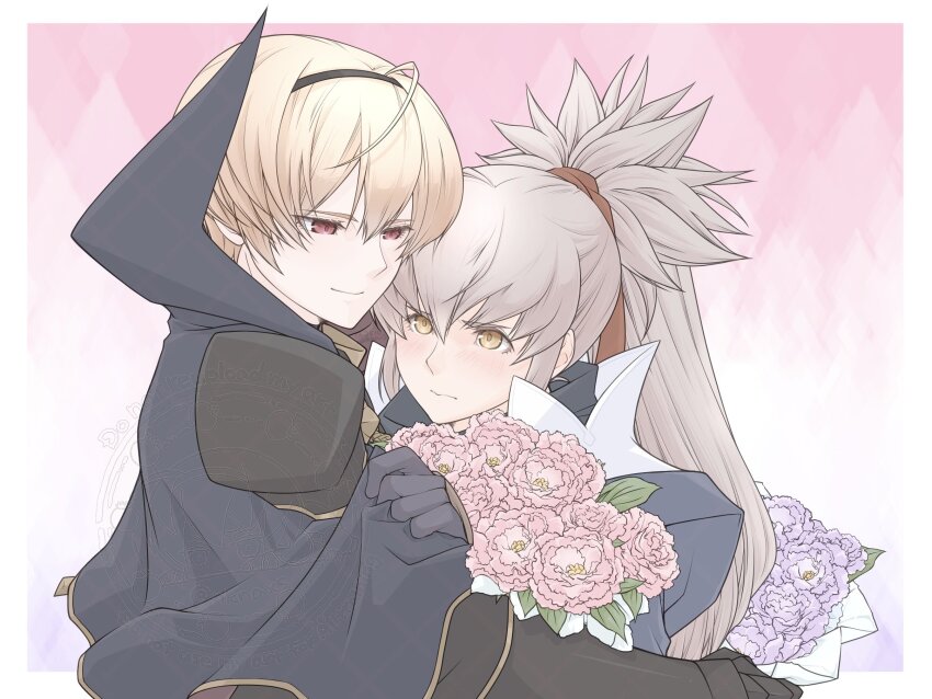 2boys armor black_armor black_hairband blonde_hair cape fire_emblem fire_emblem_fates grey_hair hair_ribbon hairband highres japanese_clothes leo_(fire_emblem_fates) long_hair male_focus multiple_boys nintendo nknaxs orange_eyes ponytail red_eyes red_ribbon ribbon takumi_(fire_emblem) yaoi