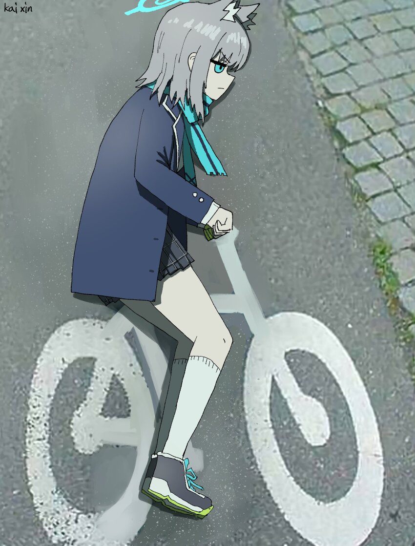 1girl absurdres animal_ear_fluff animal_ears aqua_scarf blue_archive blue_eyes blue_halo blue_jacket blue_scarf grey_hair hair_ornament halo highres jacket kai_xin road road_sign scarf shiroko_(blue_archive) sign solo street wolf_ears
