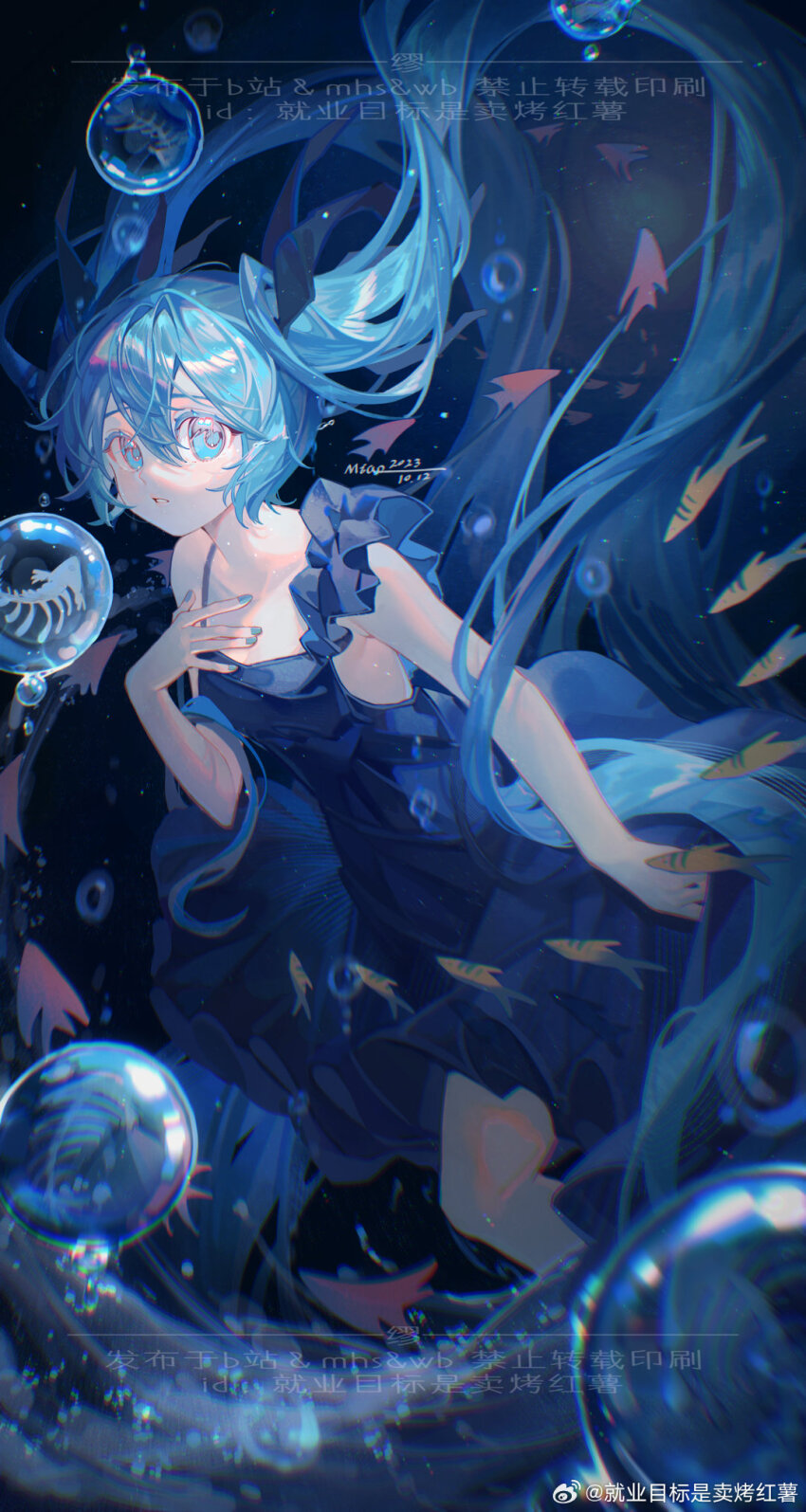 1girl bare_arms black_background black_bow black_dress blue_eyes blue_hair blue_nails bow bubble chinese_commentary chinese_text collarbone colored_eyelashes commentary_request dress feet_out_of_frame fish floating_hair frilled_dress frills hair_bow hand_on_own_chest hatsune_miku highres jiuye_mubiao_shi_mai_kao_hongshu long_hair looking_at_viewer nail_polish parted_lips shinkai_shoujo_(vocaloid) short_dress sleeveless sleeveless_dress solo spaghetti_strap twintails underwater very_long_hair vocaloid watermark weibo_watermark weibo_watermark