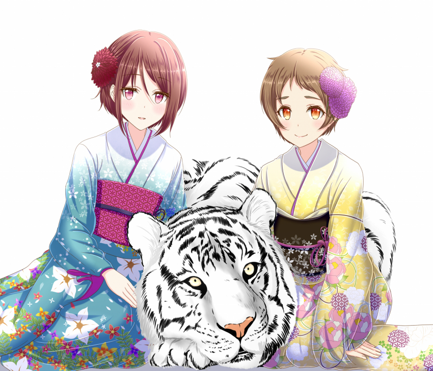 2girls animal_ears happy_new_year highres japanese_clothes kimono matsuri_(princess_connect!) multiple_girls new_year princess_connect! roaru_(gyuren) shiori_(princess_connect!) tiger tiger_ears tiger_girl
