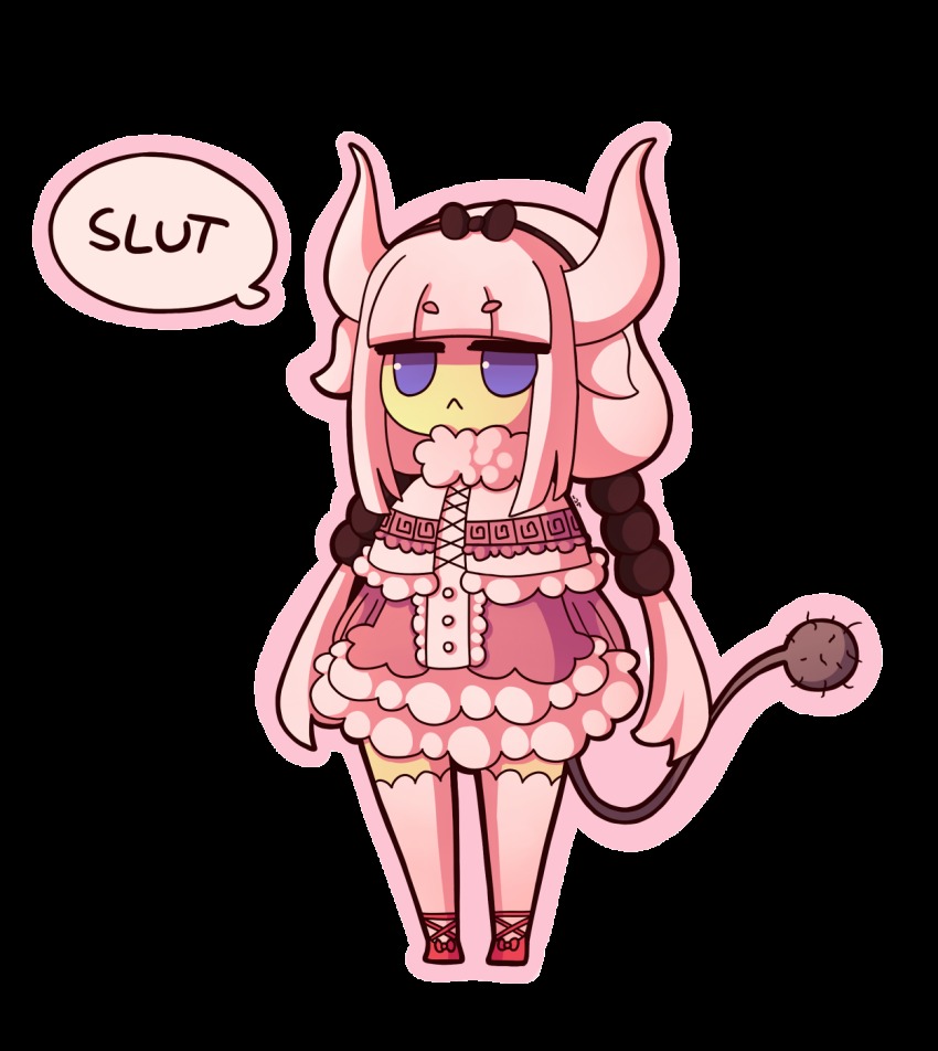 10s 1girl :&lt; arms_at_sides blue_eyes blunt_bangs capelet chibi daigada english_text female_focus full_body fur_trim hair_bobbles hair_ornament hairband highres horns jitome kanna_kamui kobayashi-san_chi_no_maidragon low_twintails miniskirt outline pink_hair pink_outline pink_shirt pink_theme profanity raised_eyebrows shirt short_eyebrows skirt solo speech_bubble standing tail thighhighs thighs transparent_background twintails v-shaped_eyebrows white_thighhighs zettai_ryouiki