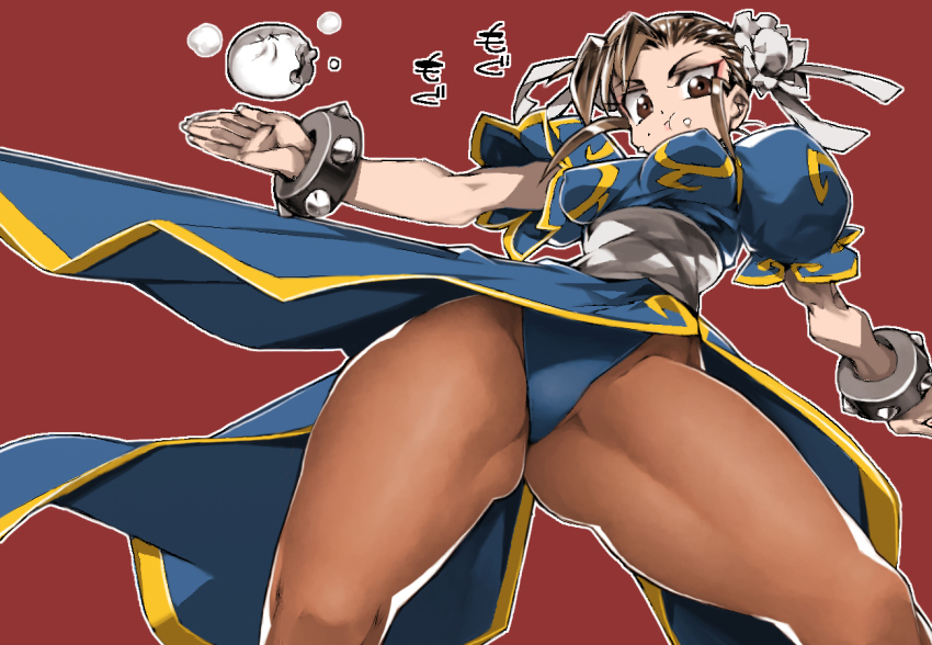 1girl :t steamed_bun blue_dress bracelet breasts brown_eyes brown_hair brown_pantyhose bun_cover capcom china_dress chinese_clothes chun-li clothing_aside covered_erect_nipples double_bun dress eating food food_on_face from_below gluteal_fold hair_bun impossible_clothes impossible_dress jewelry looking_at_viewer medium_breasts outline pantyhose pelvic_curtain pelvic_curtain_aside puffy_short_sleeves puffy_sleeves red_background sash short_sleeves sidelocks solo spiked_bracelet spikes street_fighter street_fighter_ii_(series) thick_thighs thighs upskirt view_between_legs ysk!